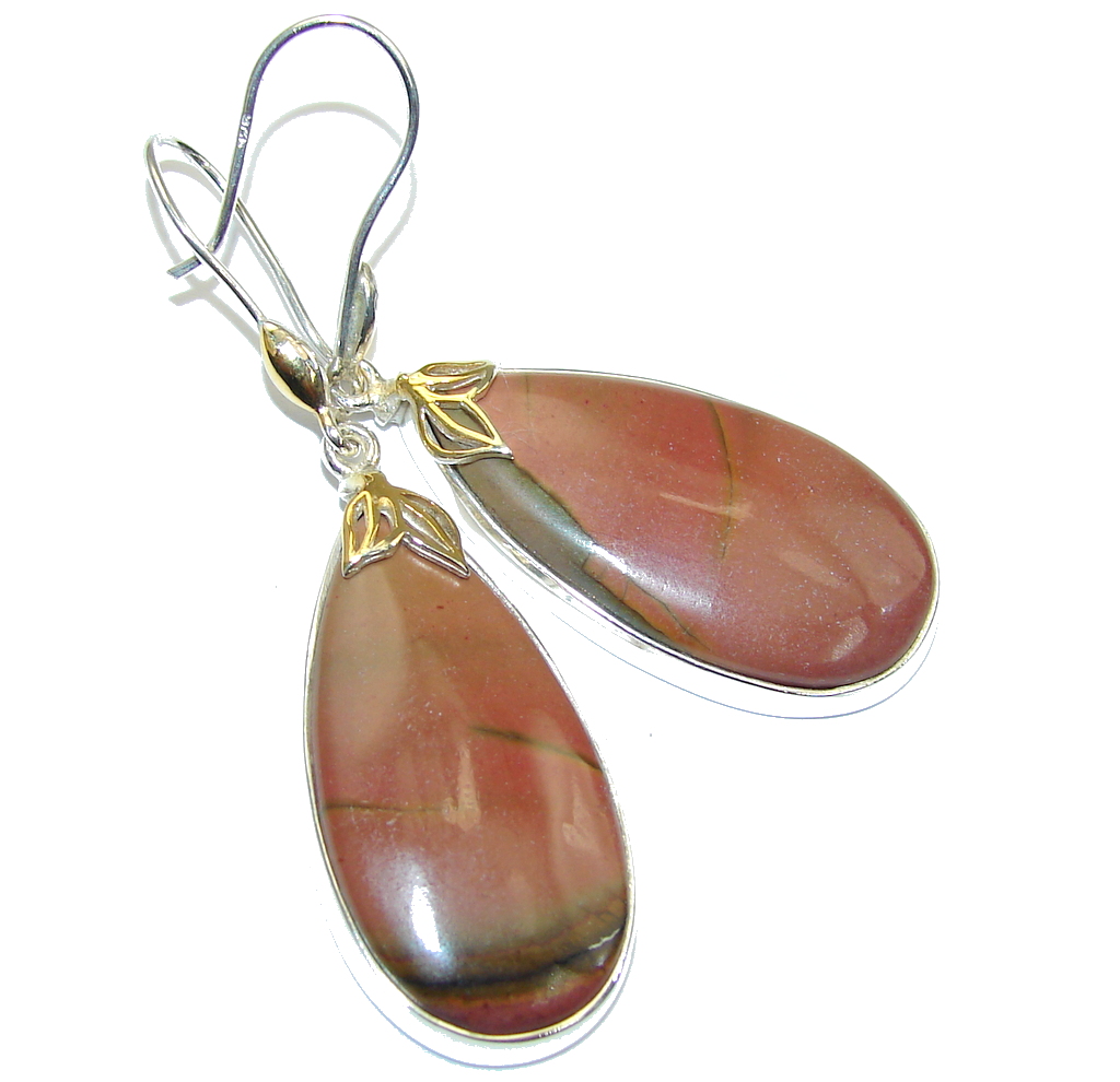 Beautiful AAA Red Creek Jasper, Two Tones Sterling Silver Earrings