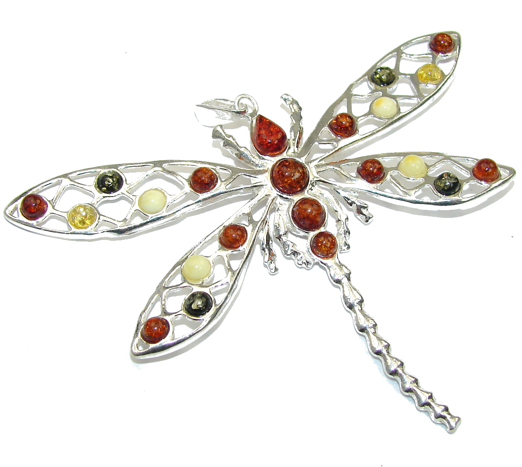 Large! Multicolor Baltic Polish Amber Sterling Silver Pendant