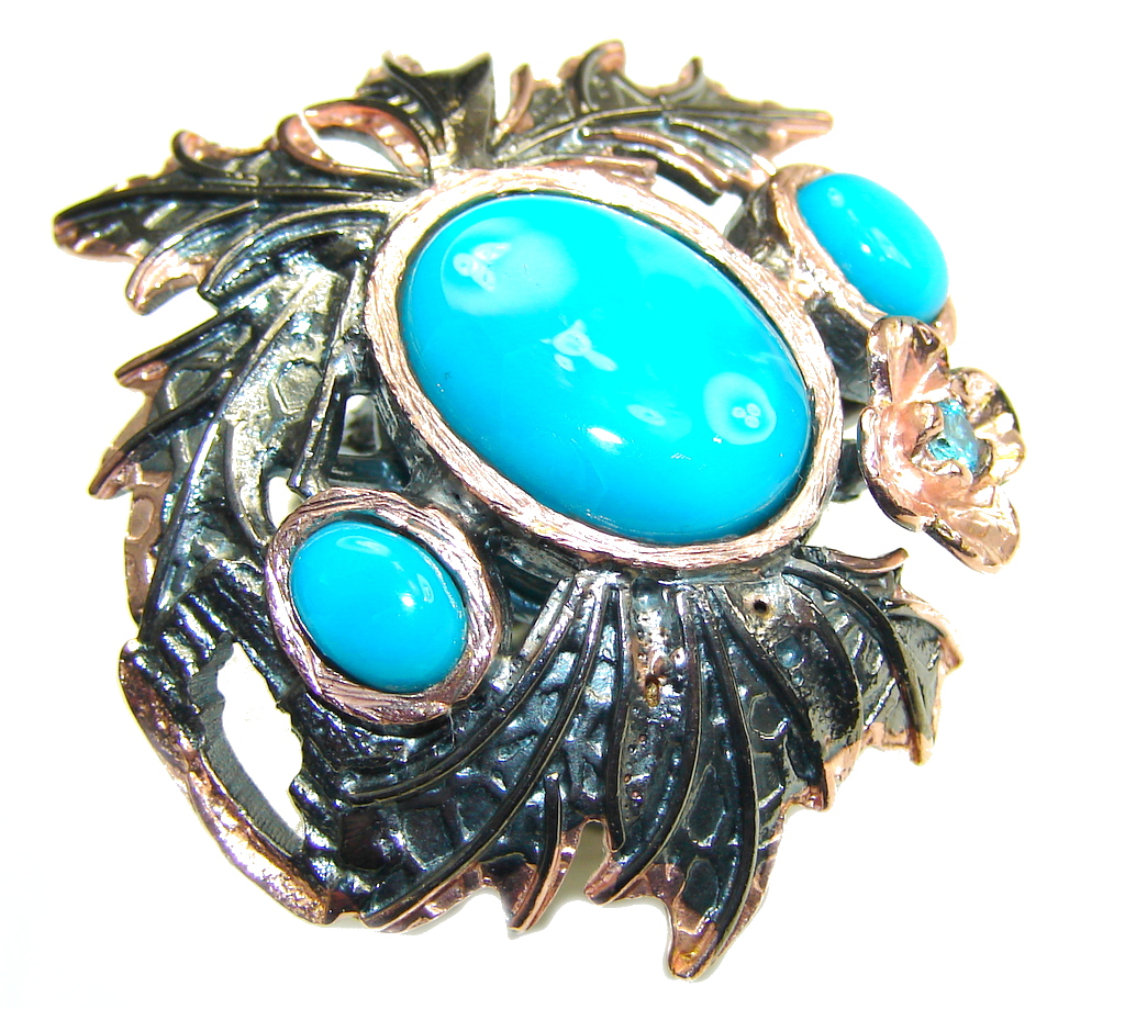 Big! Sleeping Beauty! Blue Turquoise, Rose Gold Plated, Rhodium Plated Sterling Silver ring s. 8 1/2