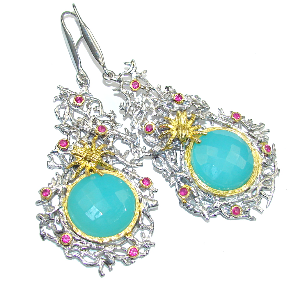 Big! Secret Ocean! LIght Blue Aquamarine, Two Tones Sterling Silver Earrings