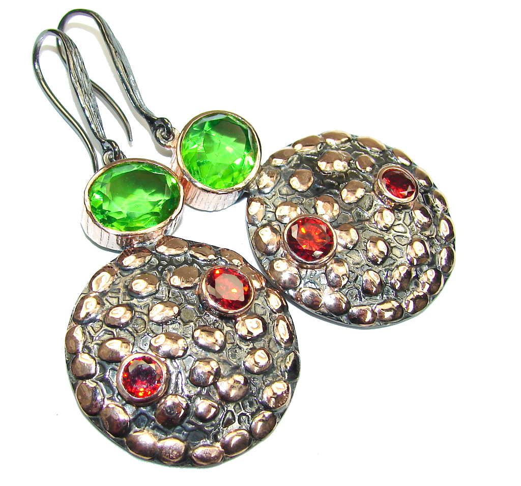 Beautiful! AAA Peridot Quartz & Garnet, Rose Gold Plated, Rhodium Plated Sterling Silver earrings