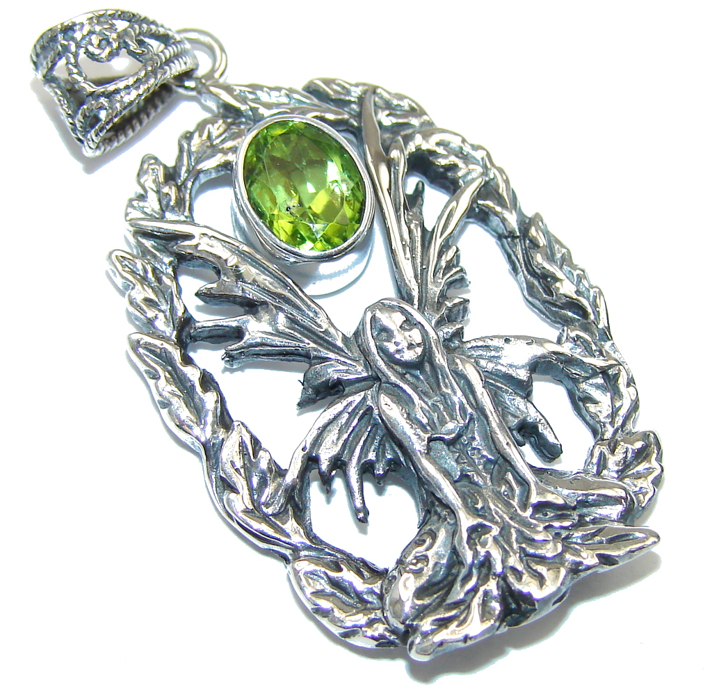 Delicate! Women with Wings Green Peridot Sterling Silver Pendant