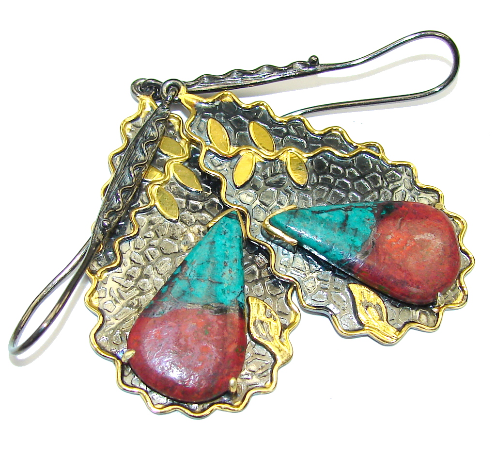 Beautiful Design! Red Sonora Jasper, Gold Plated, Rhodium Plated Sterling Silver Earrings / Long
