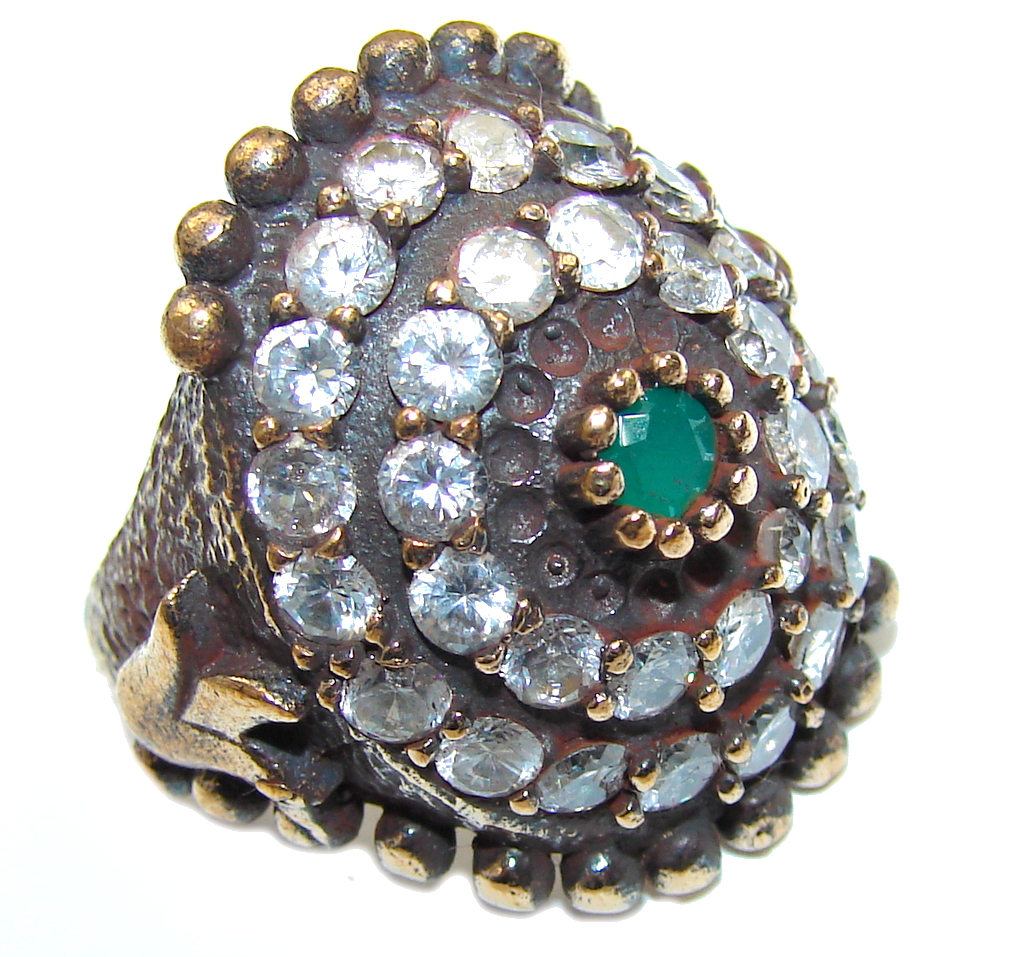 Victorian Style! Green Emerald & Ruby & White Topaz Sterling Silver ring s. 6 3/4