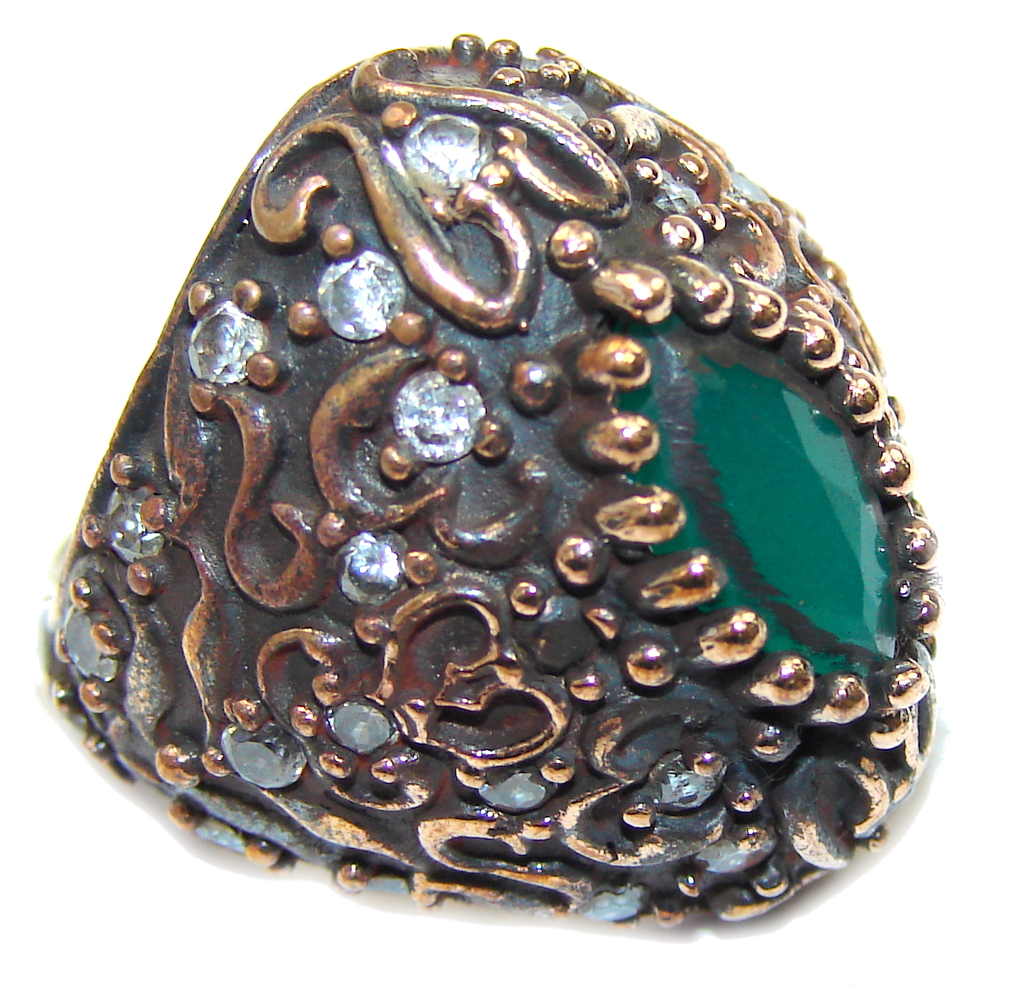 Victorian Style! Green Emerald & Ruby & White Topaz Sterling Silver ring s. 6