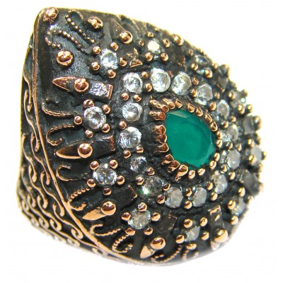 Victorian Style created Emerald & White Topaz Copper over Sterling Silver ring; s. 6