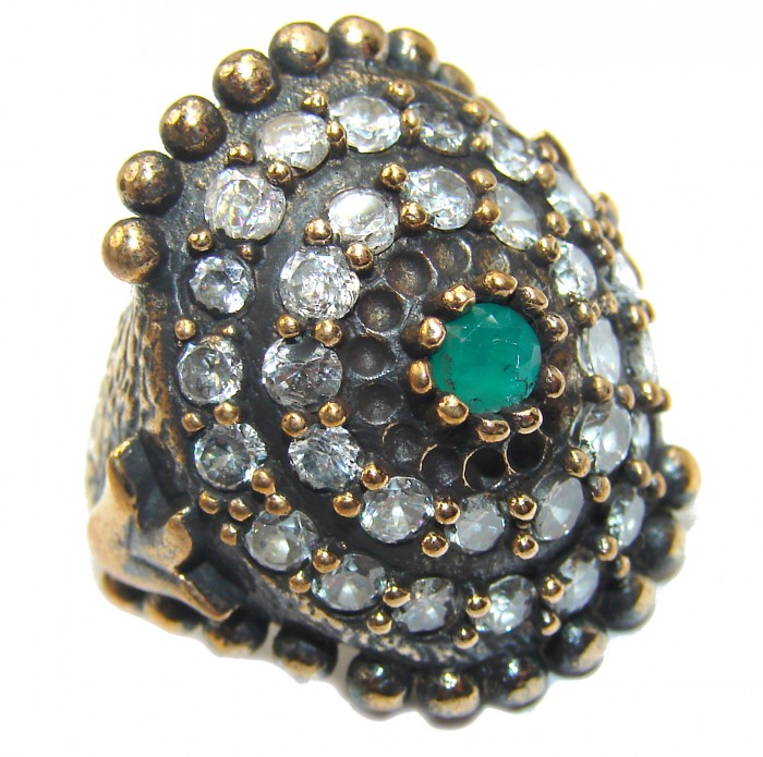Victorian Style created Emerald & White Topaz Sterling Silver Ring s. 6 1/2