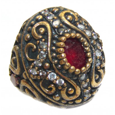 Large Victorian Style created Ruby & White Topaz Sterling Silver ring; s. 6