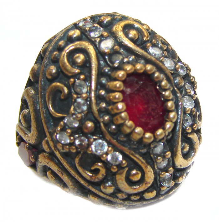 Large Victorian Style created Ruby & White Topaz Sterling Silver ring; s. 6