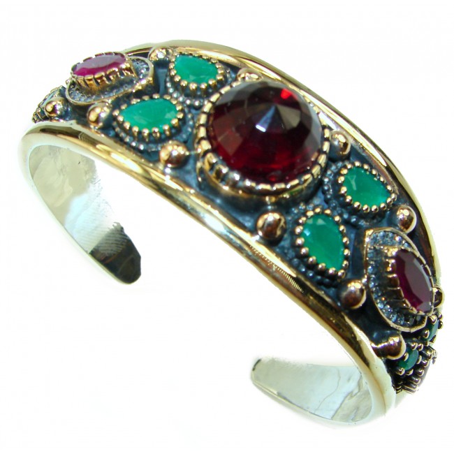 Victorian Style Created Ruby & White Topaz Sterling Silver Bracelet / Cuff