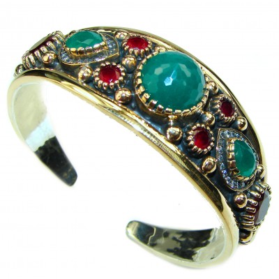 Victorian Style Created Emerald & White Topaz Sterling Silver Bracelet / Cuff