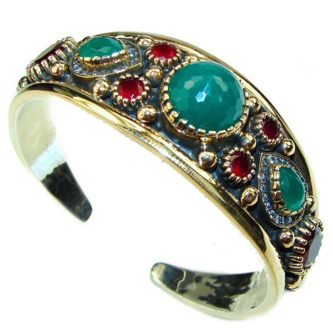 Victorian Style Created Emerald & White Topaz Sterling Silver Bracelet / Cuff