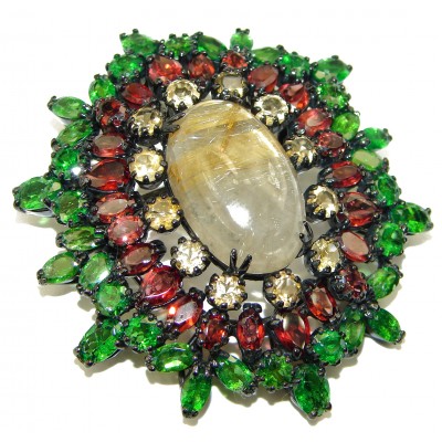 Genuine Golden Rutilated Quartz black rhodium over .925 Sterling Silver handmade Pendant - Brooch