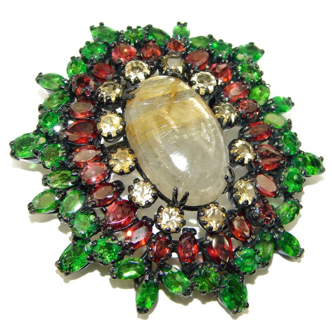 Genuine Golden Rutilated Quartz black rhodium over .925 Sterling Silver handmade Pendant - Brooch