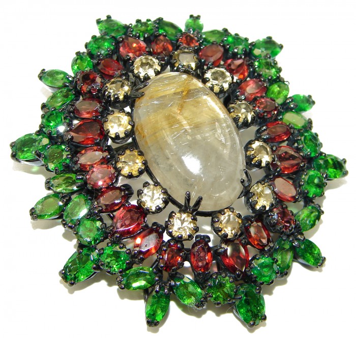 Genuine Golden Rutilated Quartz black rhodium over .925 Sterling Silver handmade Pendant - Brooch