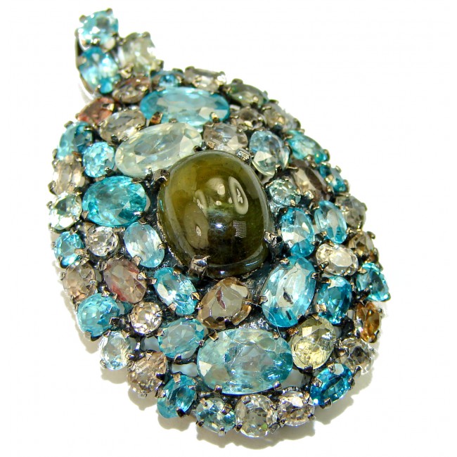 Genuine Green Tourmaline Aquamarine .925 Sterling Silver handmade Pendant - Brooch