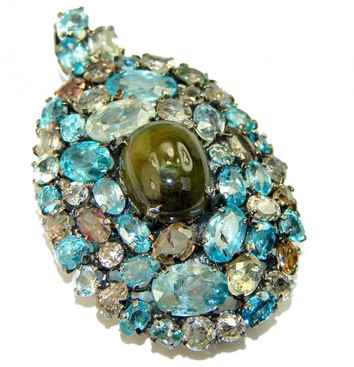 Genuine Green Tourmaline Aquamarine .925 Sterling Silver handmade Pendant - Brooch
