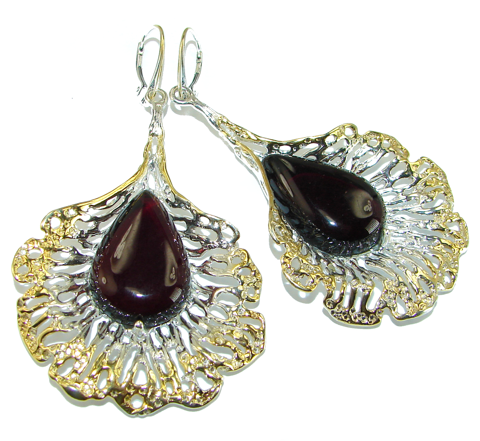 Large 3 1/8 inches long Juicy Bohemian Style Cherry Baltic Amber 2 tones .925 Sterling Silver handcrfated Earrings