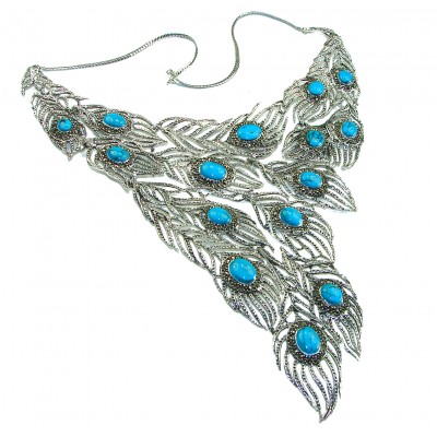 HUGE 102.9 grams Peacock Feather design genuine Turquoise .925 Sterling Silver handcrafted Necklace