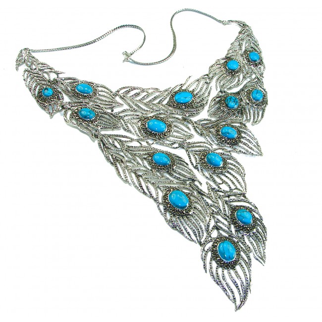 HUGE 102.9 grams Peacock Feather design genuine Turquoise .925 Sterling Silver handcrafted Necklace
