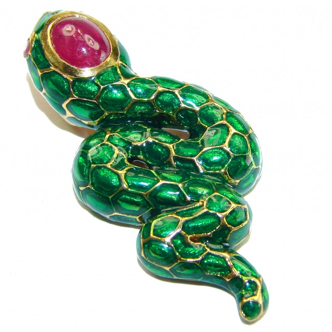 INCREDIBLE Natural Ruby Enamel Snake 14K Gold over .925 Sterling Silver Pendant