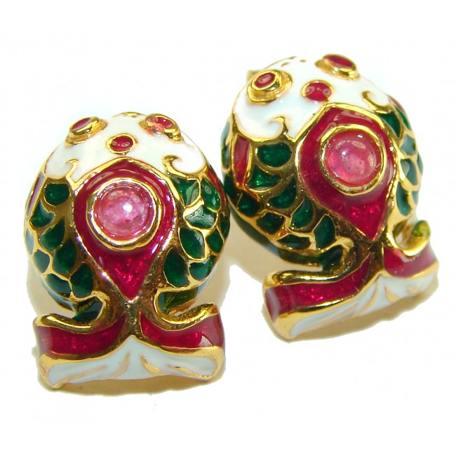Cute Fishes Genuine Enamel 14K Gold over .925 Sterling Silver handcrafted Earrings