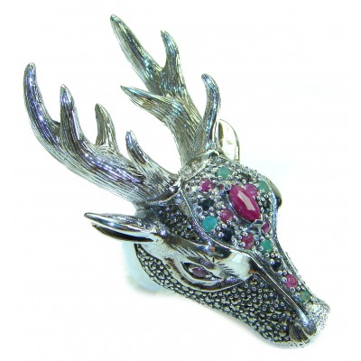 Large Deer Head Authentic Ruby .925 Sterling Silver handmade Ring size 7
