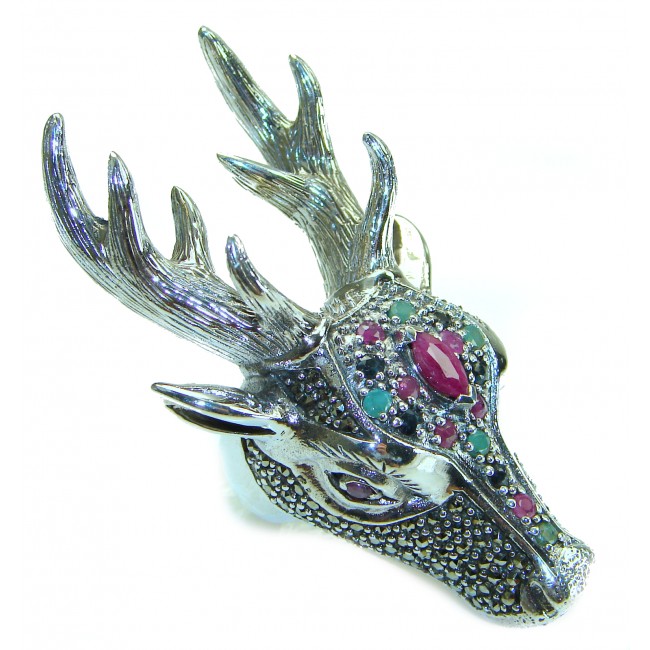 Large Deer Head Authentic Ruby .925 Sterling Silver handmade Ring size 7