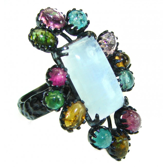 Best quality Genuine Fire Moonstone black rhodium over .925 Sterling Silver handcrafted ring size 7 1/2