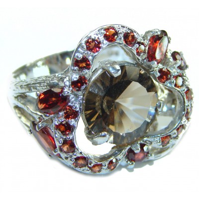 Solid authentic Smoky Topaz Garnet .925 Sterling Silver Large handcrafted Ring size 8 1/4