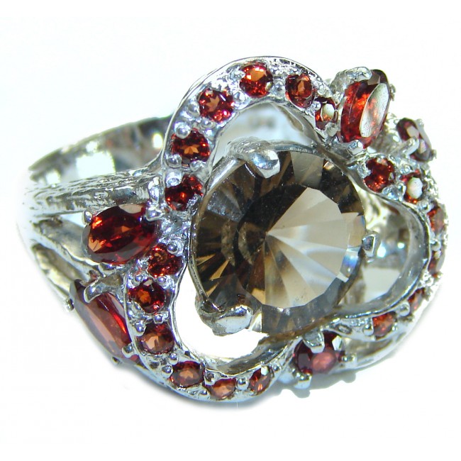 Solid authentic Smoky Topaz Garnet .925 Sterling Silver Large handcrafted Ring size 8 1/4