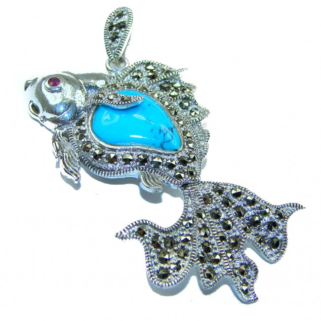 Large Blue Fish Genuine Turquoise .925 Sterling Silver handcrafted Pendant