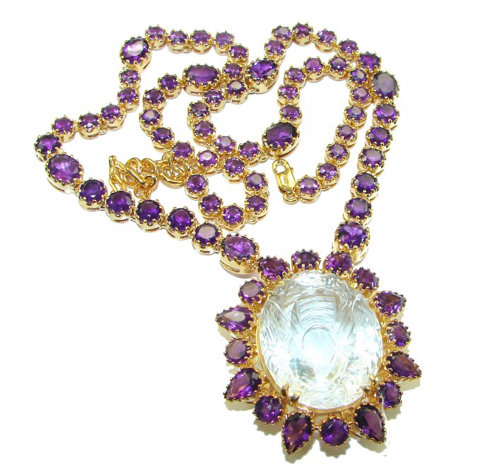Outstanding carved 44.5 carat White Topaz 14K Gold over .925 Sterling Silver handcrafted Statement necklace - video