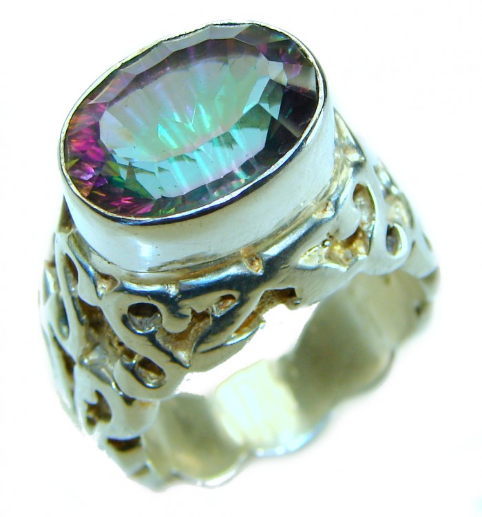 Massive Mystic Topaz .925 Sterling Silver handcrafted ring size 8 1/4
