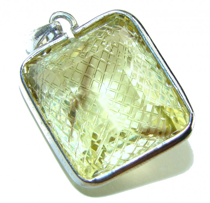 Vintage Style carved 55.2 carat Lemotrine .925 Sterling Silver handmade Pendant