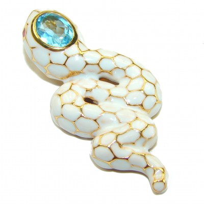 INCREDIBLE Natural Swiss Blue Topaz Enamel Snake 18K Gold over .925 Sterling Silver Pendant