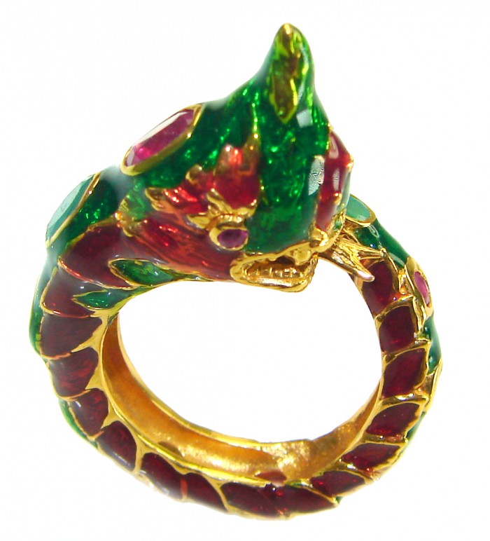 Dragon - symbolizes supernatural power- Enamel Ruby 18K Gold over .925 Sterling Silver Huge handcrafted Ring s. 8 1/4