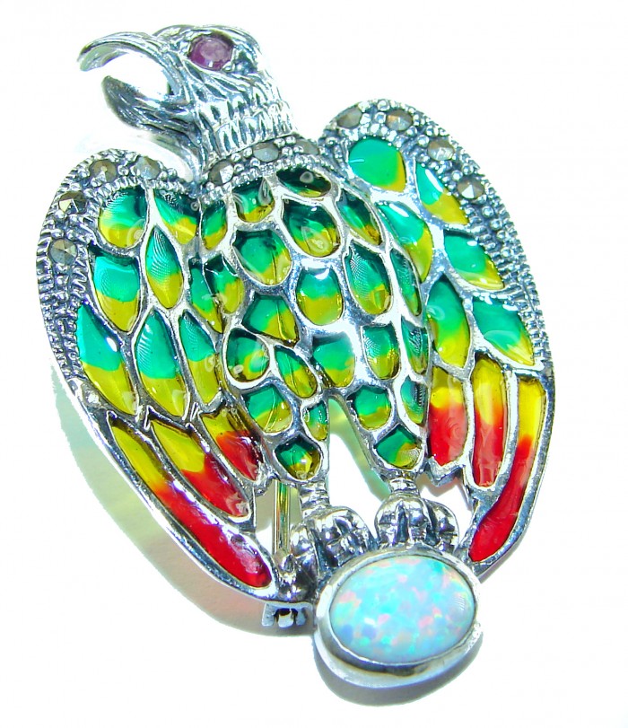 Natural Enamel Eagle .925 Sterling Silver Brooch Pendant