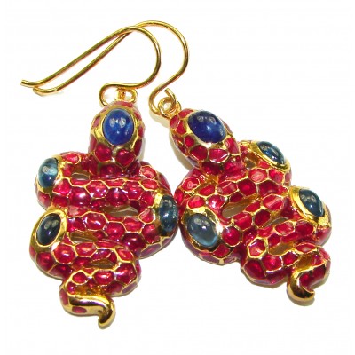 Very Unique Snakes Ruby Enamel 18K Gold over .925 Sterling Silver handcrafted earrings
