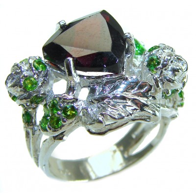 Floral Design Authentic Garnet .925 Sterling Silver handcrafted Ring size 9 1/2