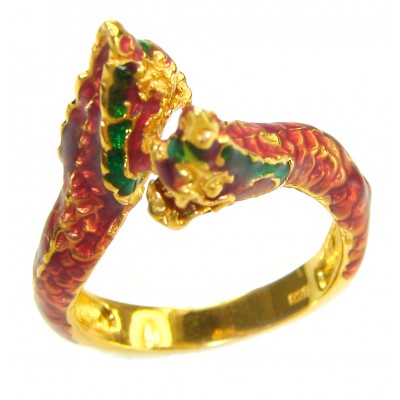 Dragon - symbolizes supernatural power- Enamel Ruby 18K Gold over .925 Sterling Silver Huge handcrafted Ring s. 8