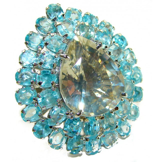 Snow Queen Huge Champagne Topaz .925 Sterling Silver handmade Statement Ring size 7 1/4