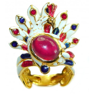 Graceful Peacock Enamel Ruby 18K Gold over .925 Sterling Silver Huge handcrafted Ring s. 7 3/4