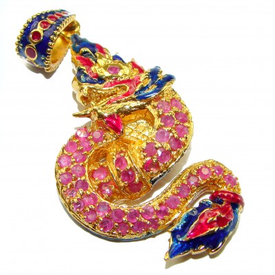INCREDIBLE Natural Ruby Emerald Enamel Dragon 18K Gold over .925 Sterling Silver handcrafted Pendant