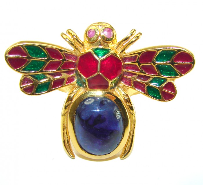 Lucky Bee Enamel Sapphire 18K Gold over .925 Sterling Silver Huge handcrafted Ring s. 6 1/2