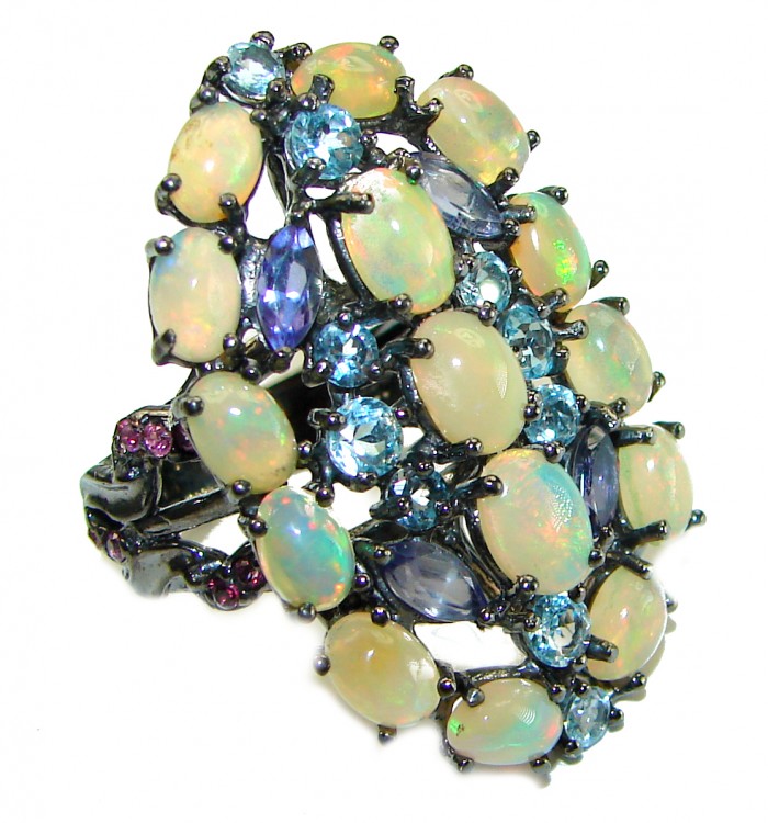 Mesmerizing Fire best quality Mexican Opal Ethiopian Opal black rhodium over .925 Sterling Silver handmade ring 8