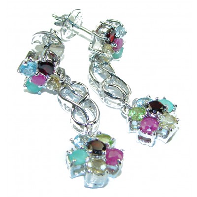 Luxurious Floral design Authentic Ruby Emerald .925 Sterling Silver handcrafted Statement earrings