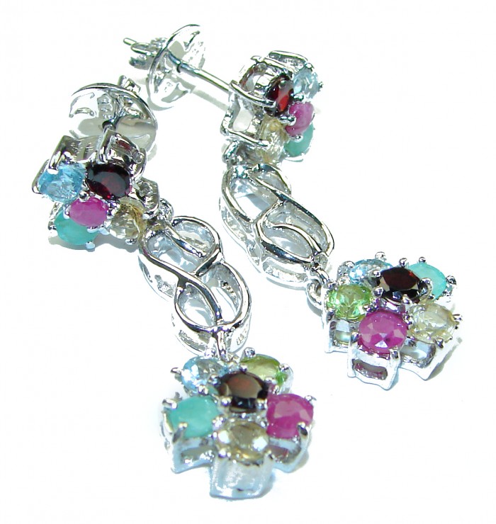Luxurious Floral design Authentic Ruby Emerald .925 Sterling Silver handcrafted Statement earrings