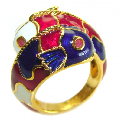 Two Fishes Enamel Ruby 18K Gold over .925 Sterling Silver Huge handcrafted Ring s. 6 3/4