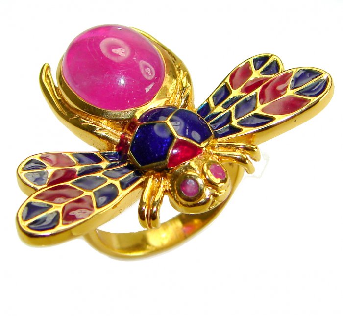 Lucky Bee Enamel 6.2 CARAT Ruby 18K Gold over .925 Sterling Silver Huge handcrafted Ring s. 6 3/4 - video